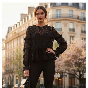 H&M Black Embroidered Lace Ruffle Long Balloon Sleeve Sheer Blouse Women Size 6